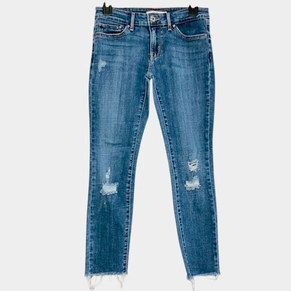 Levi’s 711 Distressed Skinny Jeans with Raw Hem in Blue Wash Women’s 26 - Picture 1 of 8